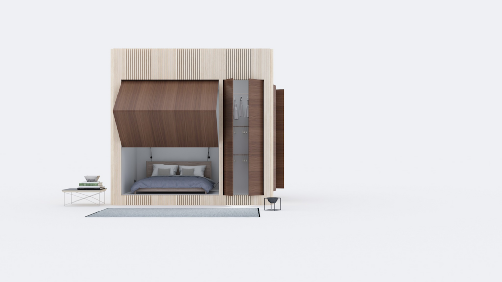 CUBE, vista frontale del modulo compatto in legno e metallo