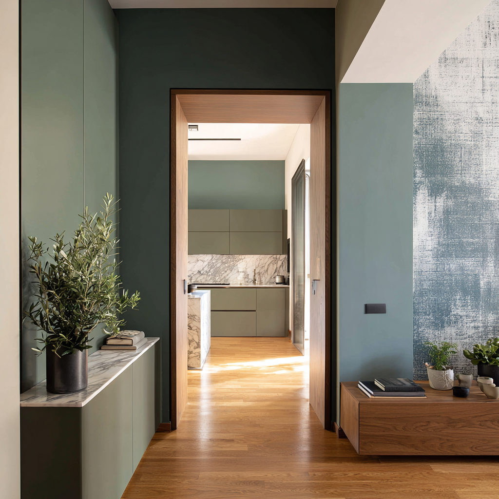 Sviluppo realistico della cucina verde e legno