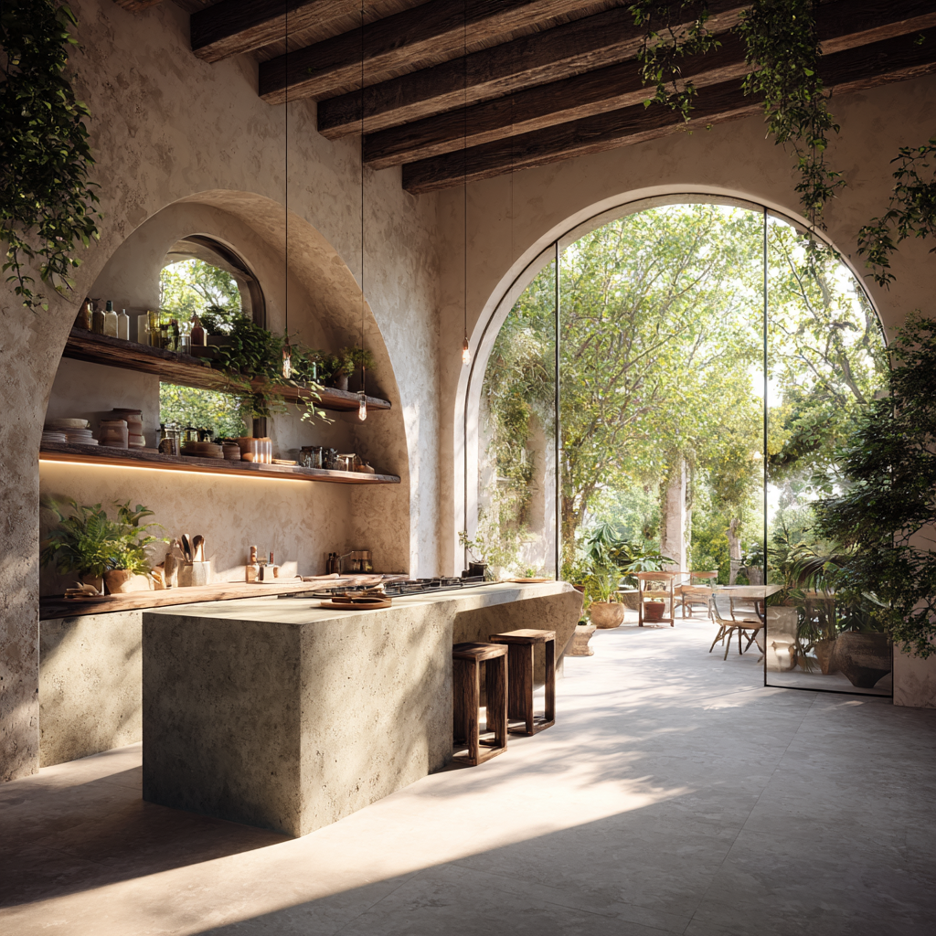 Cucina materica con archi e grande apertura sul verde