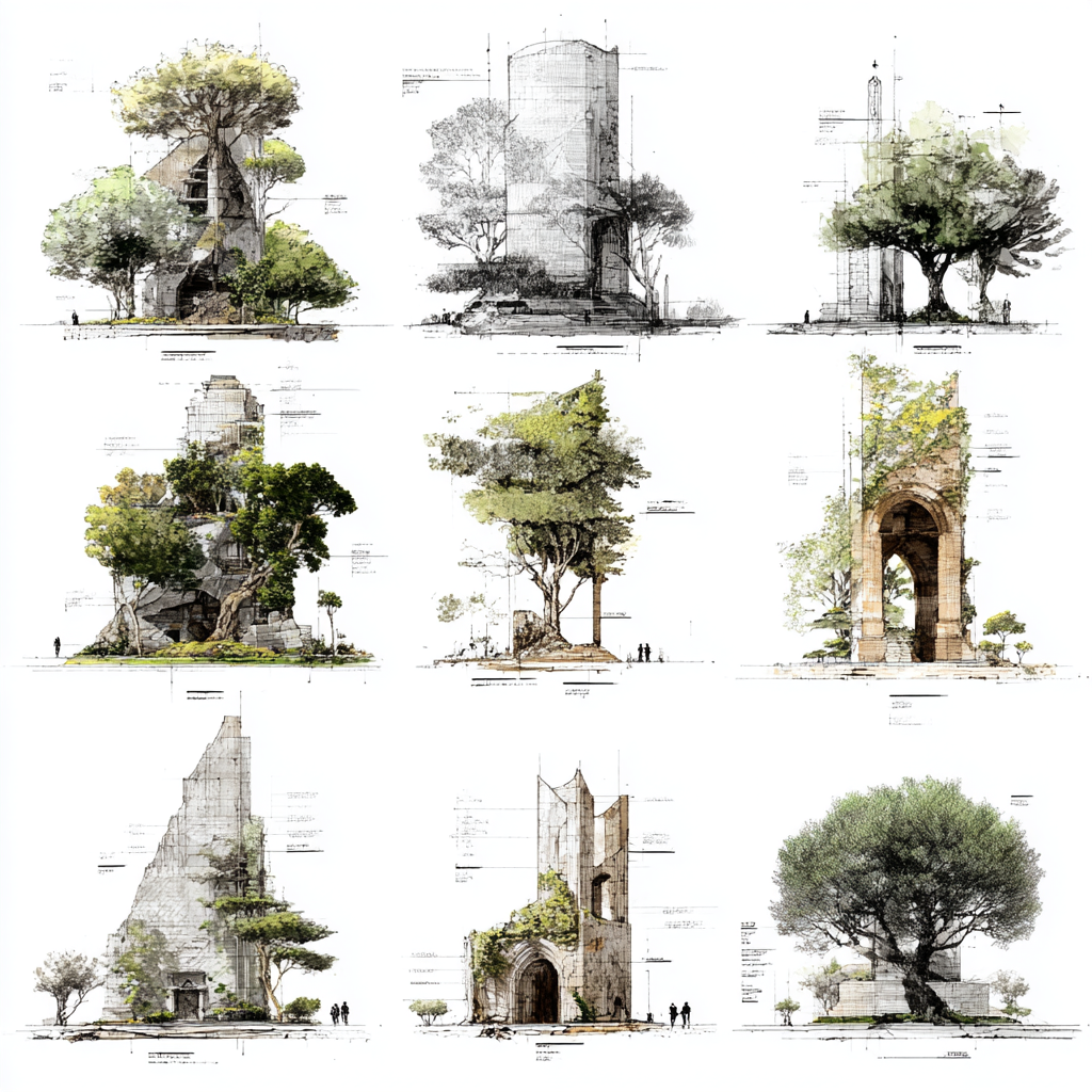 Serie di architetture integrate con alberi e vegetazione